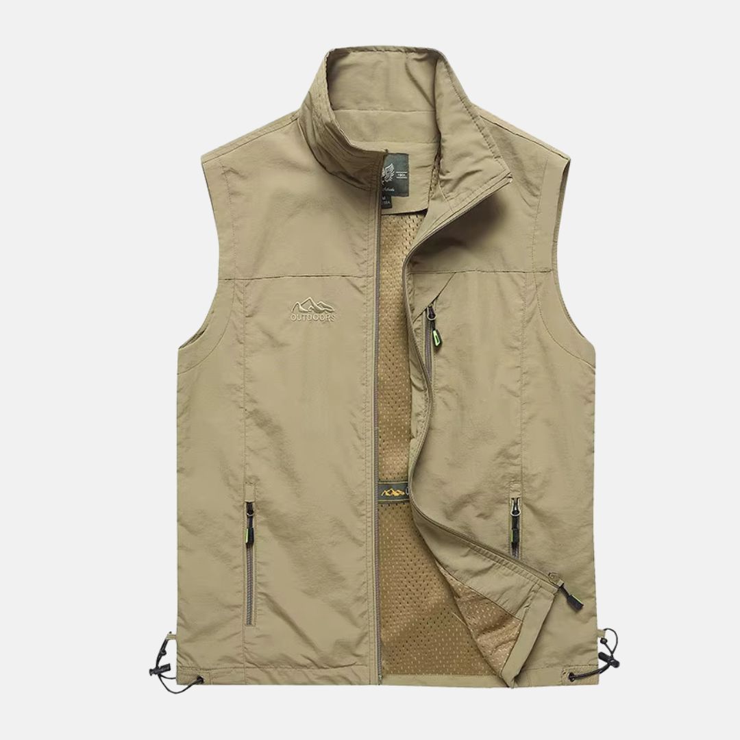 "Leichte Herren-Multifunktionsweste mit mehreren Taschen, ideal für Camping & Wandern in Marineblau oder Khaki."