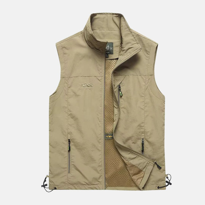 "Leichte Herren-Multifunktionsweste mit mehreren Taschen, ideal für Camping & Wandern in Marineblau oder Khaki."