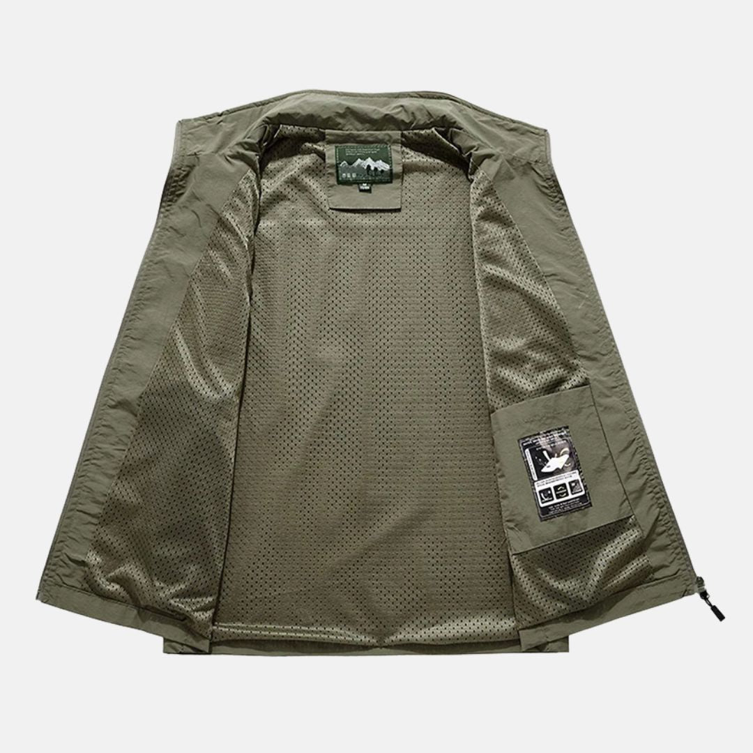 "Leichte Herren-Multifunktionsweste mit mehreren Taschen, ideal für Camping & Wandern in Marineblau oder Khaki."