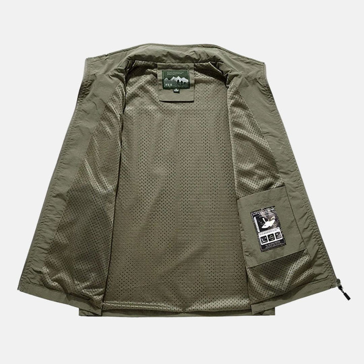 "Leichte Herren-Multifunktionsweste mit mehreren Taschen, ideal für Camping & Wandern in Marineblau oder Khaki."