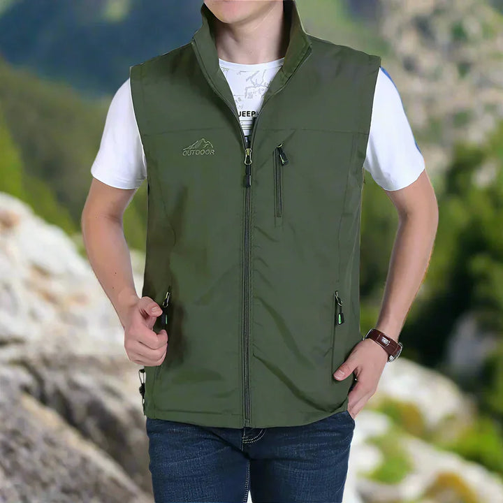 "Leichte Herren-Multifunktionsweste mit mehreren Taschen, ideal für Camping & Wandern in Marineblau oder Khaki."