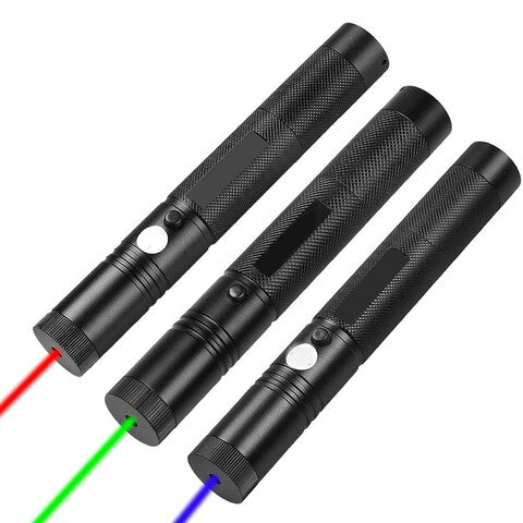 Leistungsstarker Laserpointer mit Aluminiumlegierung, einstellbarem Fokus; langreichweitiger Strahl in Rot, Grün, Lila.