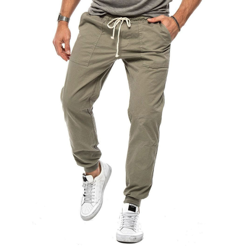 Man in comfortable lightweight linen joggers, perfect for casual outings, travel, or an active lifestyle.