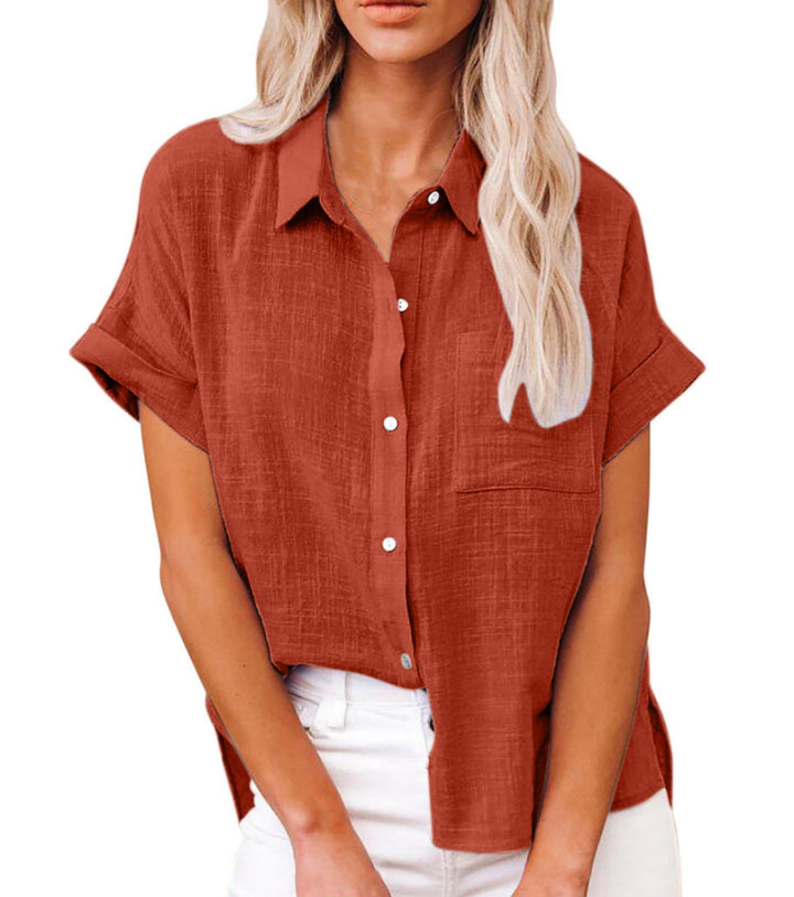 Casual short sleeve top for women, lightweight & breathable, with a stylish button-front design & pocket.