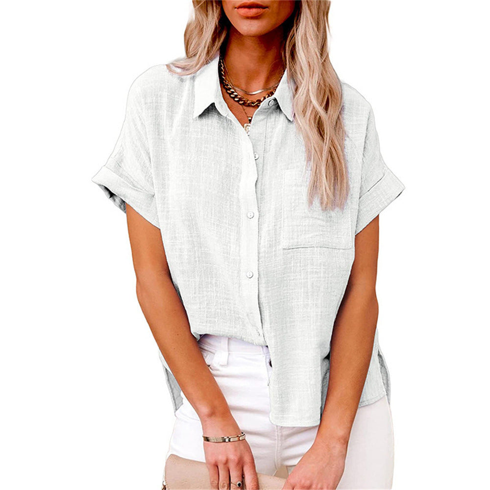 Everyday women's short sleeve shirt; lightweight, button-front with a practical chest pocket for comfort.