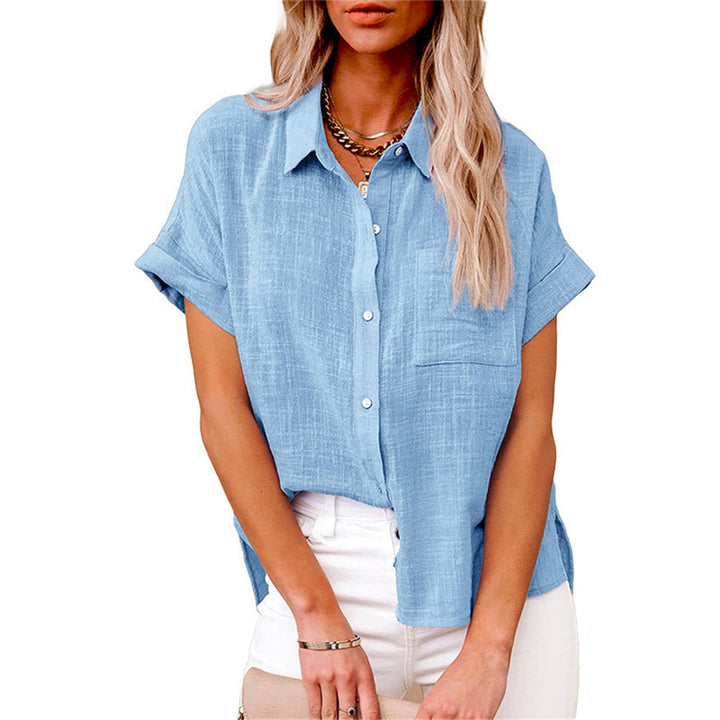 Stylish women's lightweight short sleeve shirt, versatile for travel & daily wear, with a practical chest pocket.