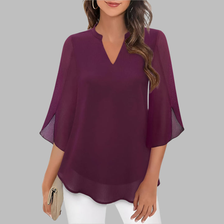 Versatile women's V-neck blouse, a stylish summer & spring top with unique petal sleeves for everyday elegance.