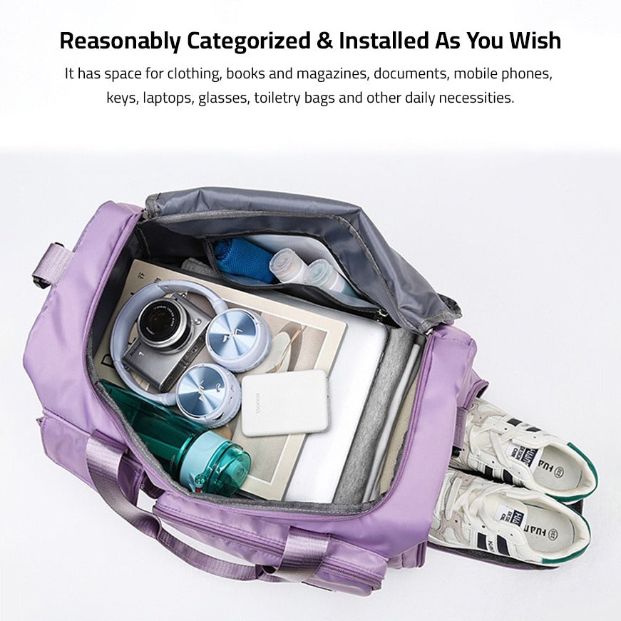 "Lila Damen-Reisetasche mit Schuhfach und mehreren Taschen, ideal für Reisen und Sport, robust und wasserdicht."