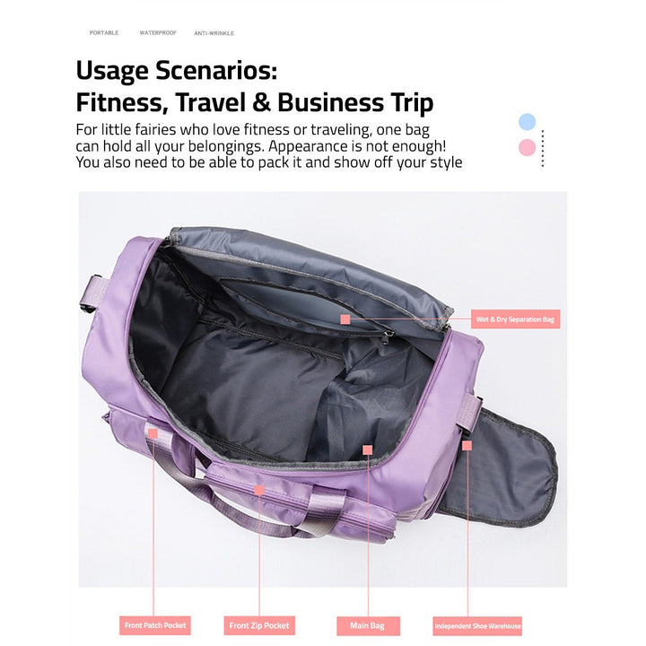 "Lila Damen-Reisetasche mit Schuhfach und mehreren Taschen, ideal für Reisen und Sport, robust und wasserdicht."