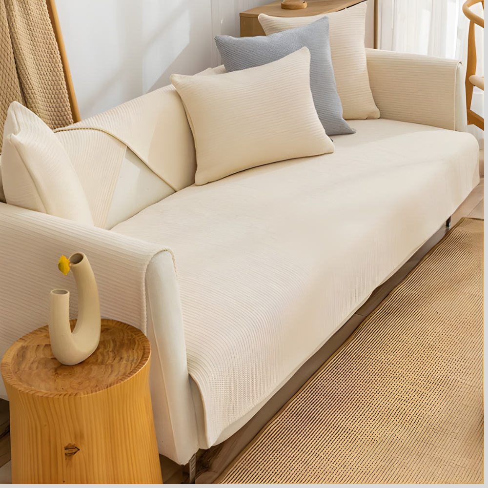 Close-up of linen sectional sofa cover material, showing anti-slip backing for furniture protection