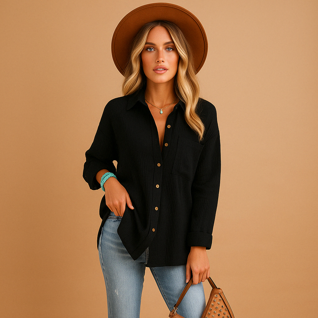 Relaxed fit women's long sleeve polo, perfect everyday shirt with a smart button collar & chest pocket.