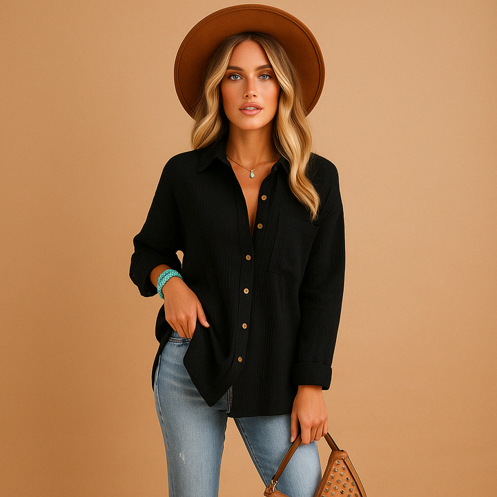 Relaxed fit women's long sleeve polo, perfect everyday shirt with a smart button collar & chest pocket.
