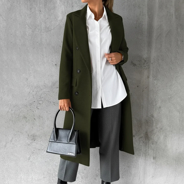 New women's long double-breasted winter coat. Elegant outerwear with a notch lapel for warmth & classic style.