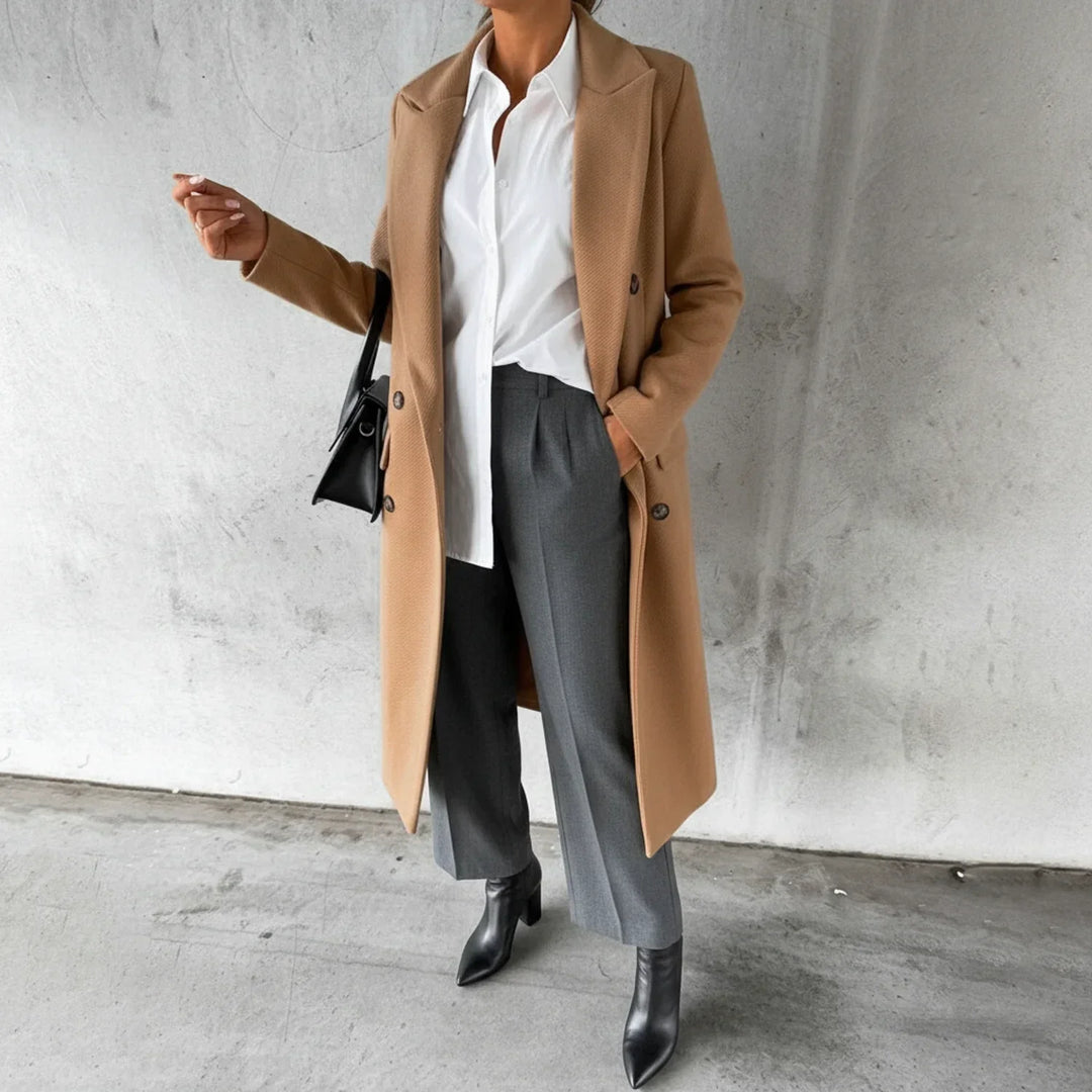 Chic women's double-breasted long winter coat featuring a stylish notch lapel, ideal for elegant fall fashion.