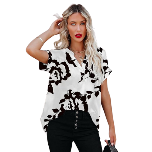 "Luftige Damen Chiffon Bluse in Weiß, kurzärmelig, mit elegantem Rundhalsausschnitt, perfekt für Sommer."