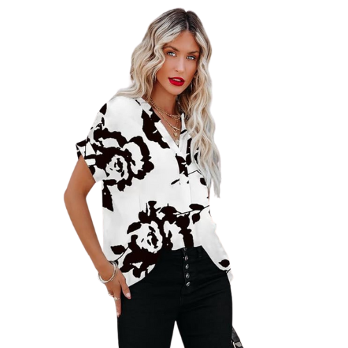 "Luftige Damen Chiffon Bluse in Weiß, kurzärmelig, mit elegantem Rundhalsausschnitt, perfekt für Sommer."