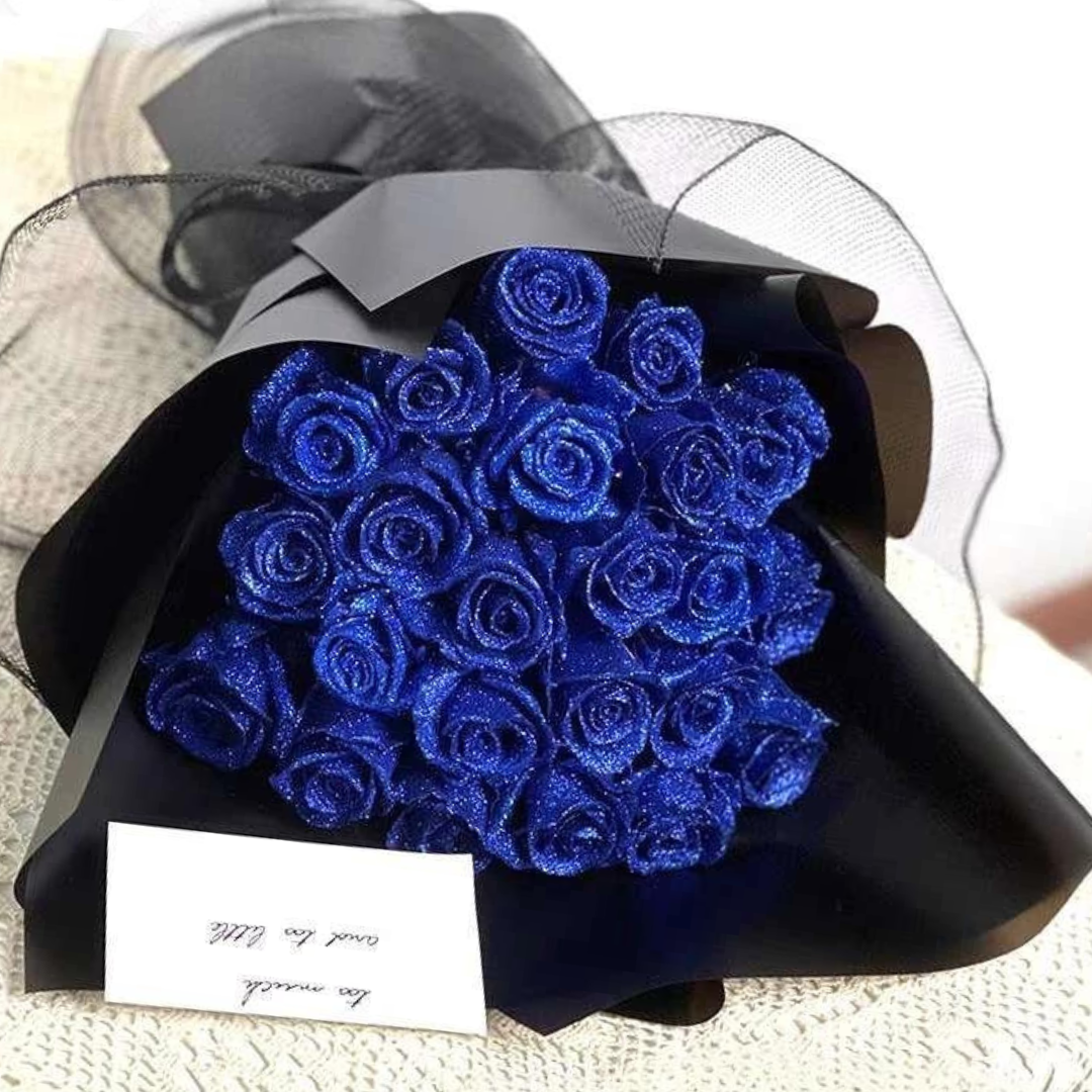 "Luxuriöse Glitzerrose in leuchtendem Blau, ideal für elegante Deko und Geschenkideen, auf einem neutralen Hintergrund."