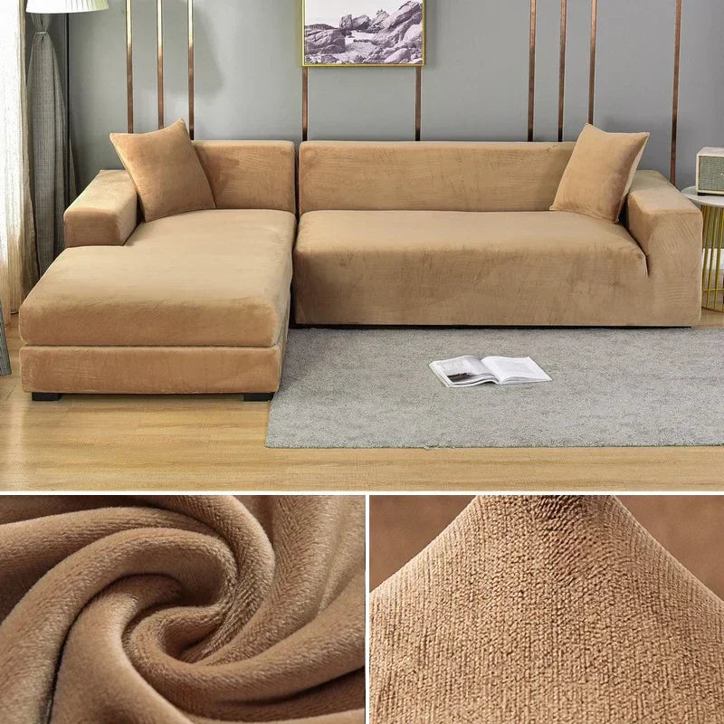 "Luxuriöser Stretch-Velours Sofabezug in elegantem Beige, faltenfrei, schützt Möbel, passt auf diverse Sofaformen und -größen
