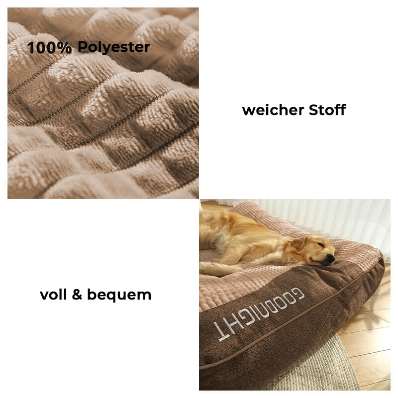 Luxuriöses, kratzfestes Hundebett mit orthopädischer Kopfstütze. Großes, bequemes Kissen für optimalen Hundekomfort.