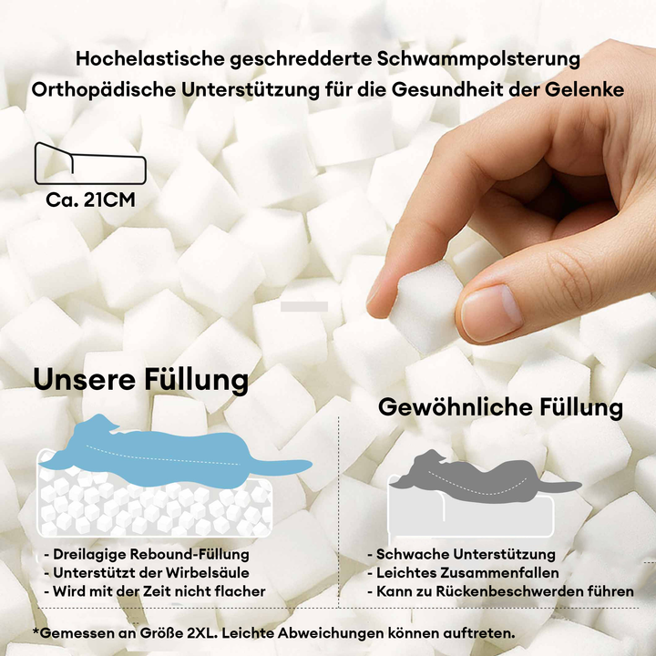 Luxuriöses, kratzfestes Hundebett mit orthopädischer Kopfstütze. Großes, bequemes Kissen für optimalen Hundekomfort.