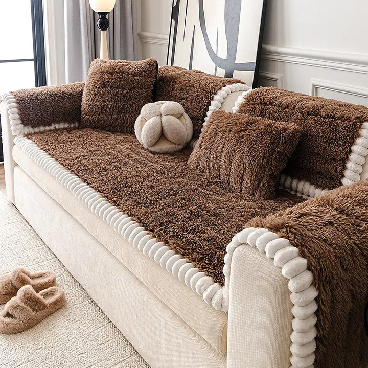 Non-slip plush couch protector, ideal for pet-friendly homes, enhancing home decor with comfort.