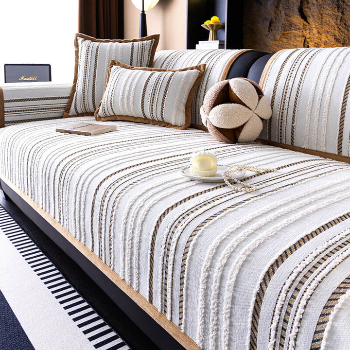 Beige chenille sofa couch cover, non-slip, perfect as a furniture protector and home decor.