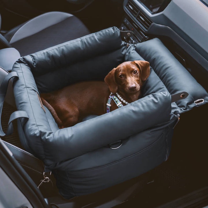 Stylish pet car booster, made with durable faux leather for pet safety & comfort.