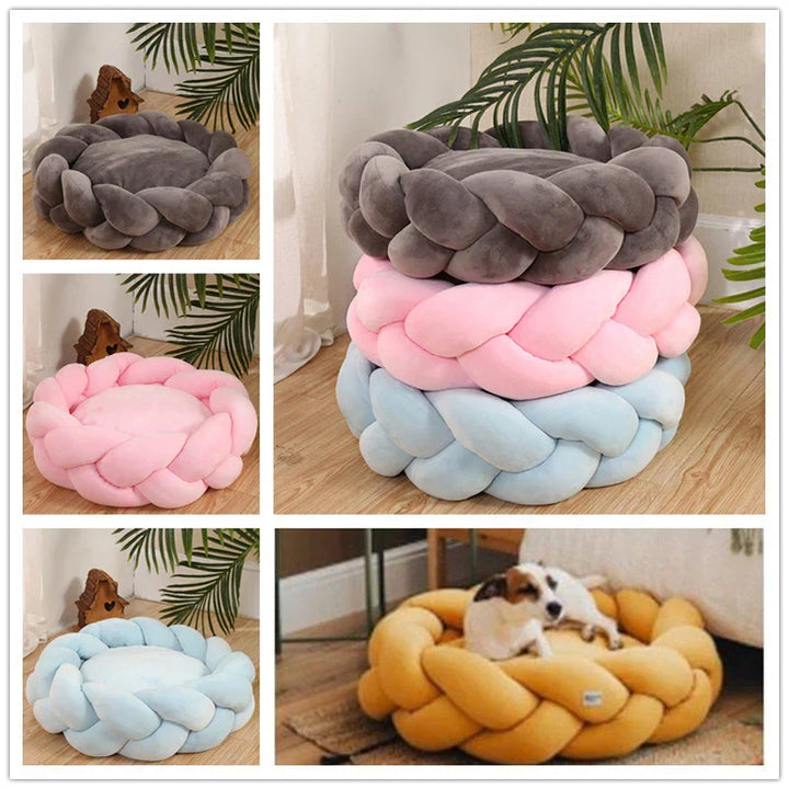 Close-up of a luxurious, soft pet bed texture, washable fabric, ideal for anxious dogs.
