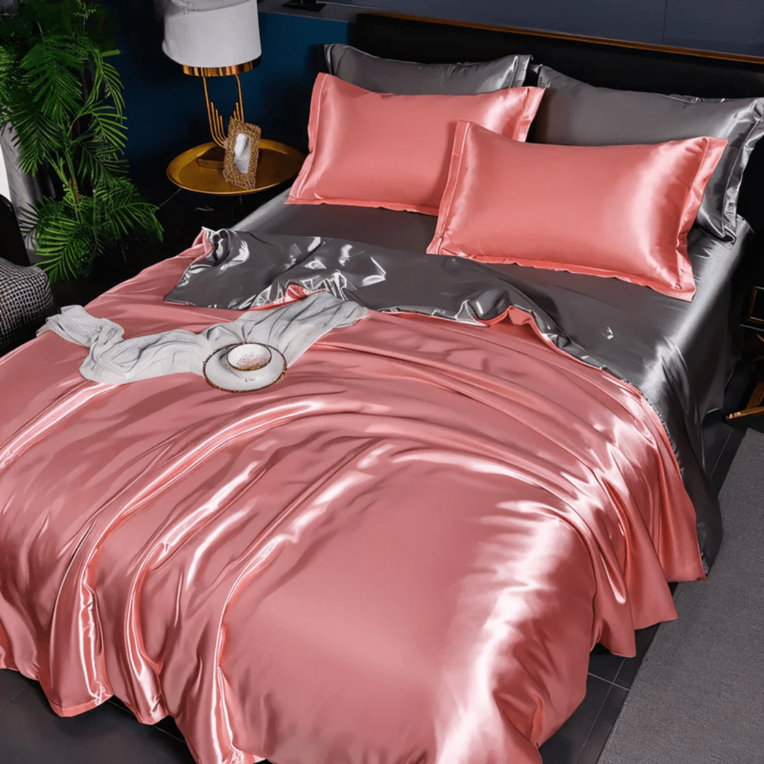 Stylish polyester sheets and duvet cover from a luxury bedding collection, perfect for a modern comfy bed.
