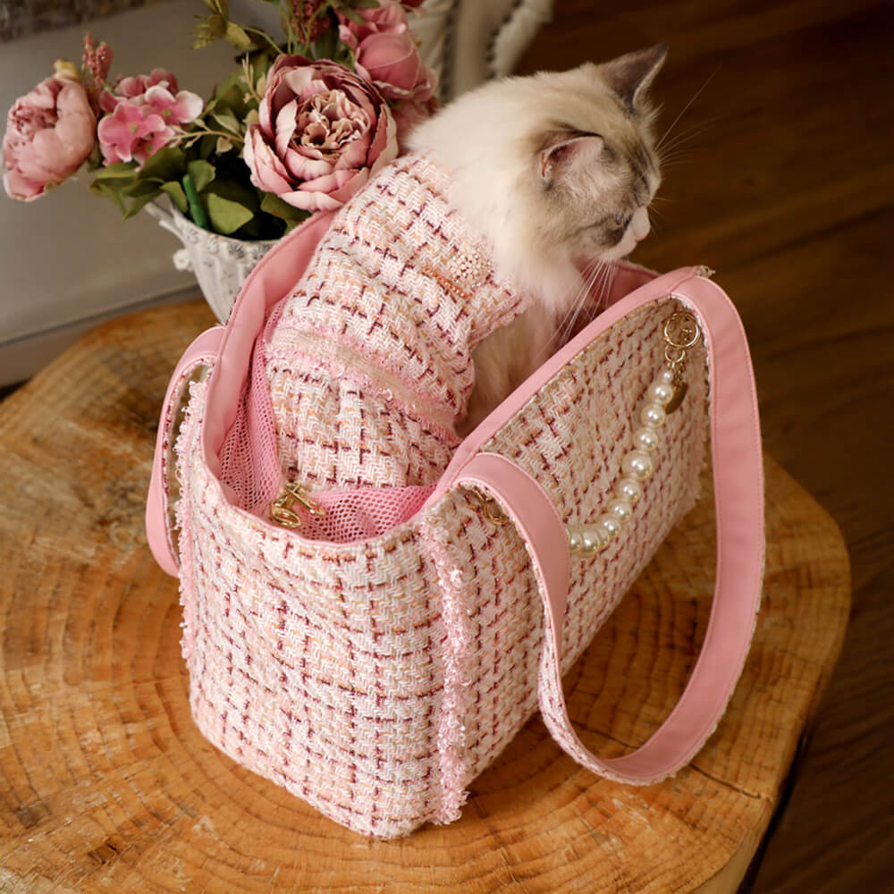 Tweed pet carrier for small dogs, top entry & side entry, comfortable travel solution.