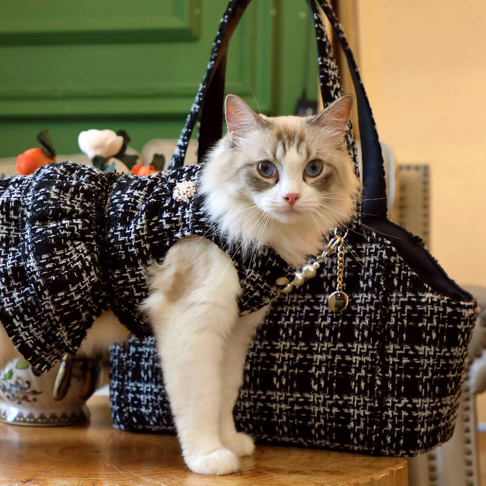 Fashion pet carrier, tweed design, for small dog & cat travel, with shoulder strap.