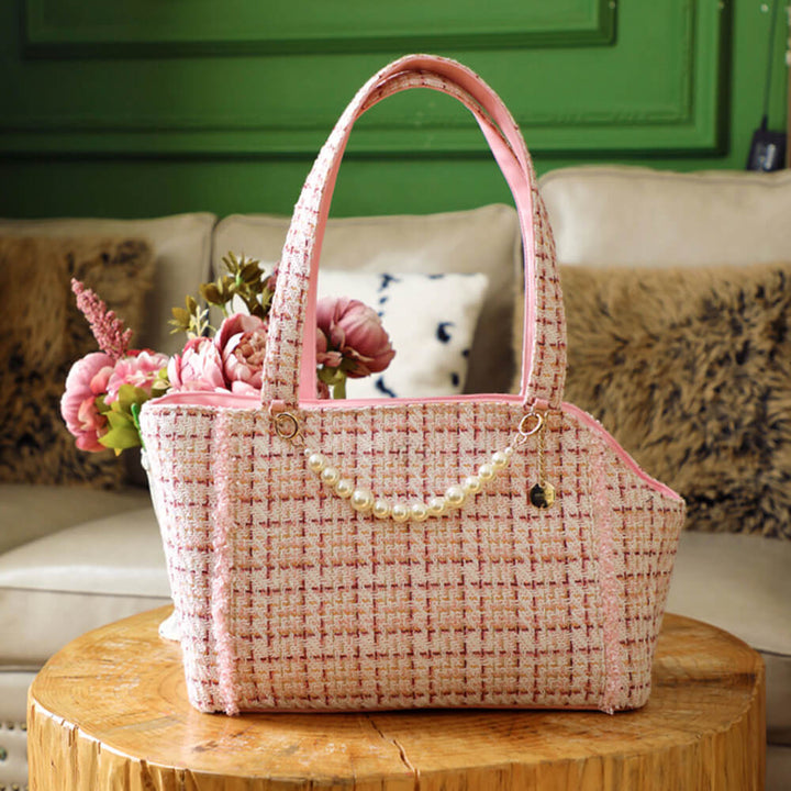 Fashionable small pet carrier, tweed fabric, breathable mesh, for stylish dog & cat travel.
