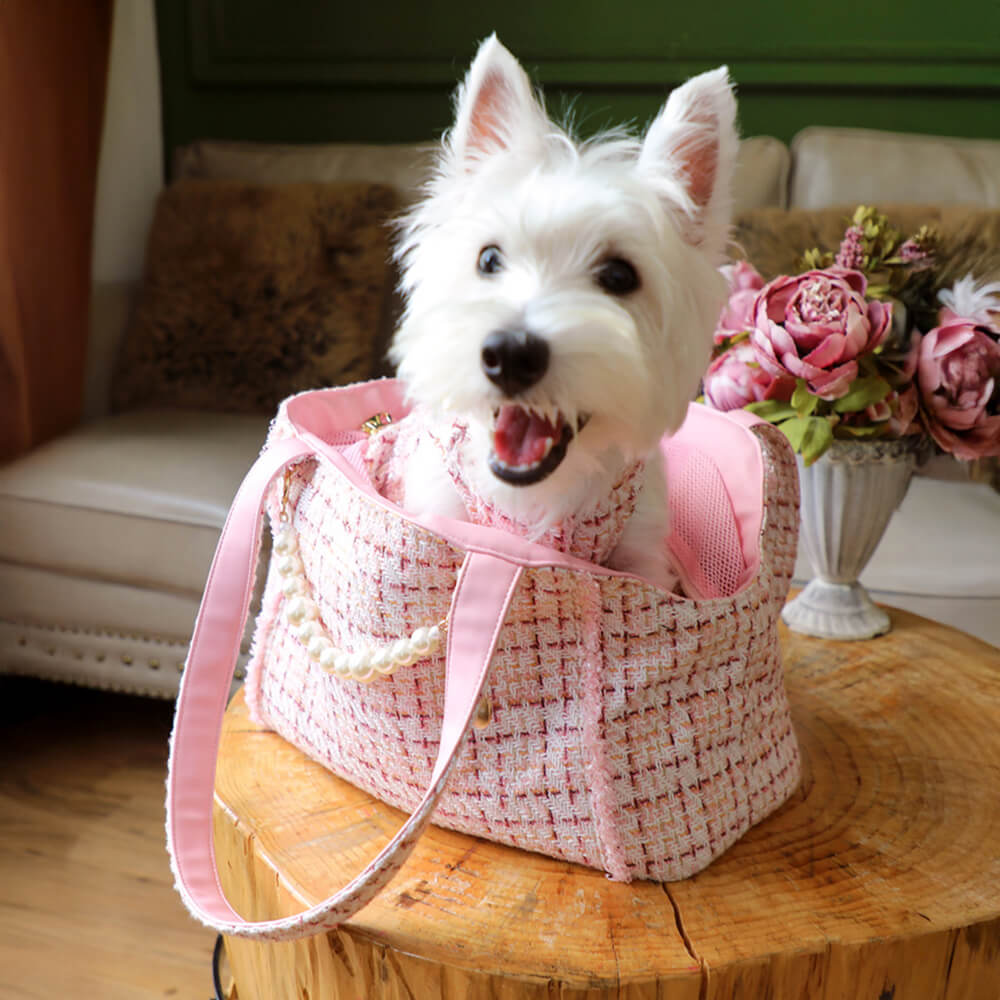 Premium pet carrier for cats & small dogs, designer tweed, comfortable & secure for pet travel.