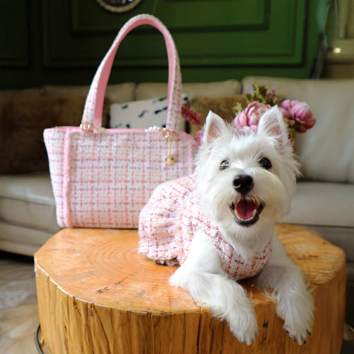Luxury pet travel bag for small animals, tweed pet carrier with soft bedding, airline standard.