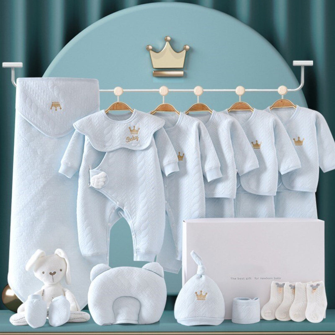 "Luxus Baby Geschenkset: Sanfte Bodys in Blau, Gelb, Rosa, Weiß, kuschelige Decke, niedliche Mützen & Plüschtier."