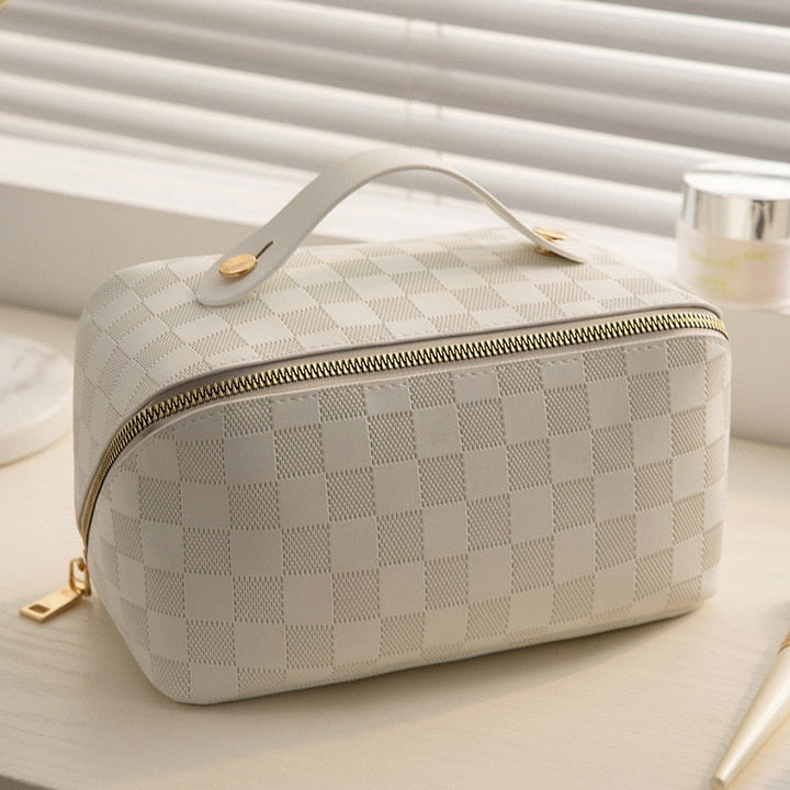 "Luxus Checkered Make-up Kosmetiktasche aus weichem PU-Leder, wasserabweisend, multifach, beige, rosa, braun."