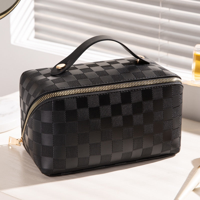 "Luxus Checkered Make-up Kosmetiktasche aus weichem PU-Leder, wasserabweisend, multifach, beige, rosa, braun."