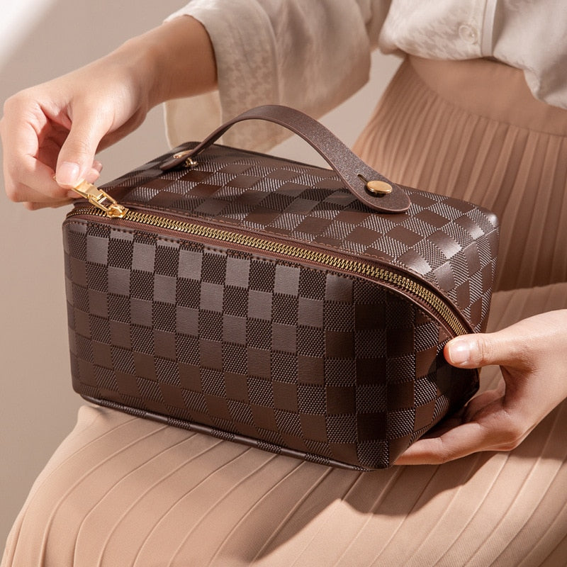 "Luxus Checkered Make-up Kosmetiktasche aus weichem PU-Leder, wasserabweisend, multifach, beige, rosa, braun."