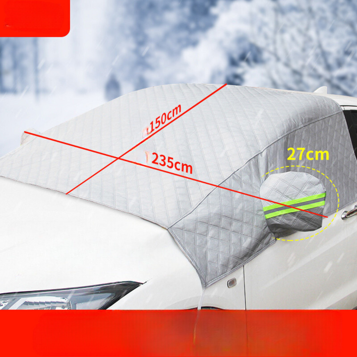 "Magnetische Windschutzscheibenabdeckung schützt Auto vor Schnee und Eis, mit starken Magnetkanten, vielseitig einsetzbar."