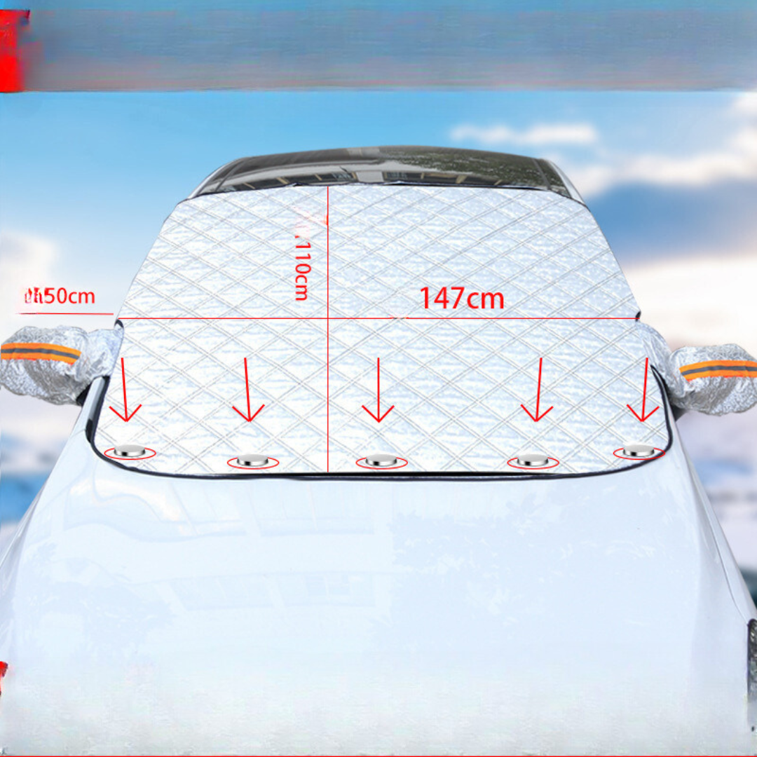 "Magnetische Windschutzscheibenabdeckung schützt Auto vor Schnee und Eis, mit starken Magnetkanten, vielseitig einsetzbar."