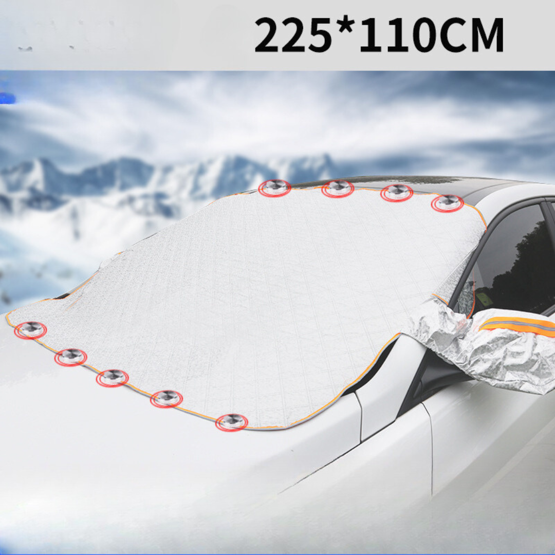 "Magnetische Windschutzscheibenabdeckung schützt Auto vor Schnee und Eis, mit starken Magnetkanten, vielseitig einsetzbar."