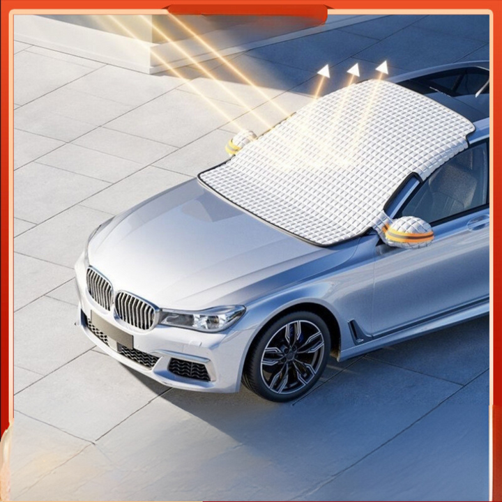 "Magnetische Windschutzscheibenabdeckung schützt Auto vor Schnee und Eis, mit starken Magnetkanten, vielseitig einsetzbar."