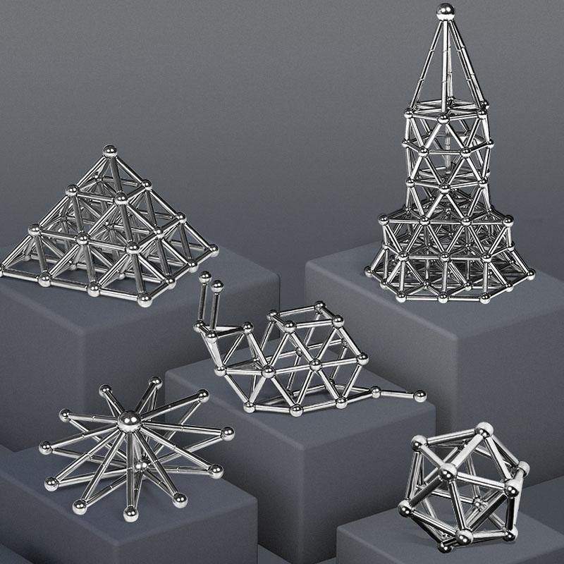 "Magnetisches Set aus silbernen Stäben und Kugeln, perfekt für kreative DIY-Projekte, auf hellem Hintergrund"