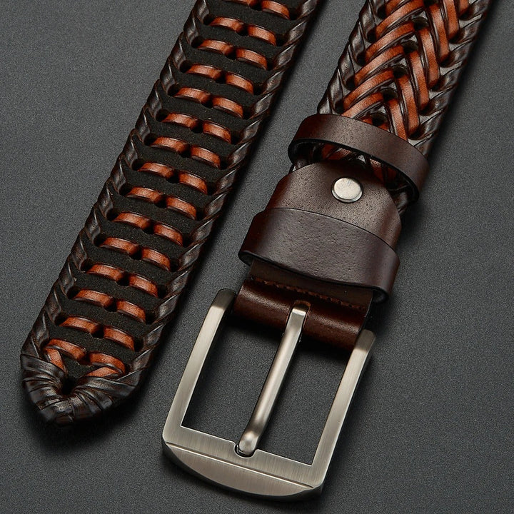 Men's durable braided cowhide leather belt with a sleek silver buckle, ideal for daily use.