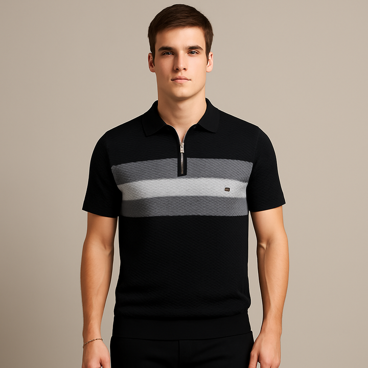 Men's striped half-zip polo shirt for summer fashion. Lightweight short-sleeve men's casual top, ideal for everyday wear.