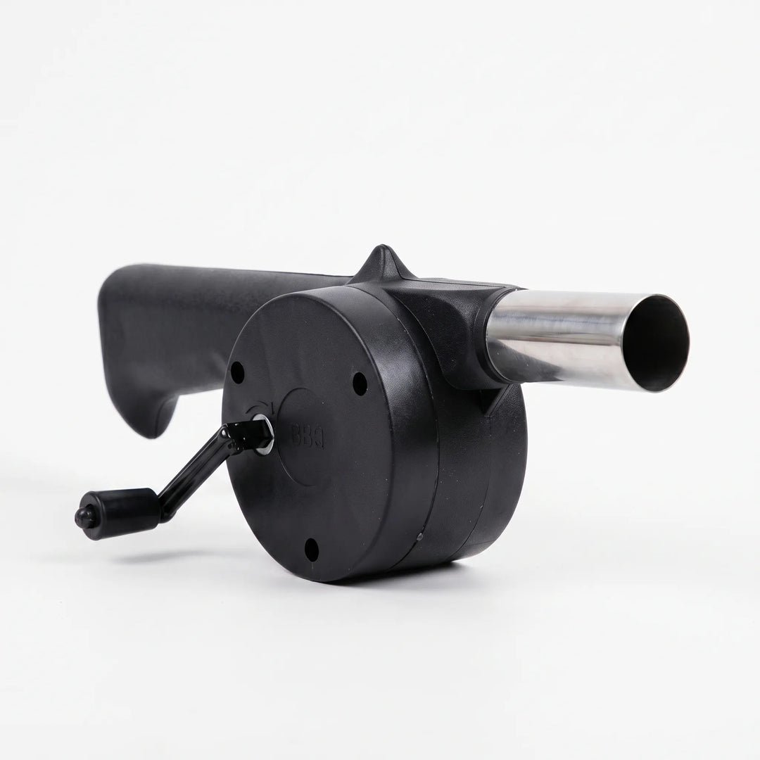 Outdoor manual BBQ fan, hand crank grill blower, charcoal starter for camping, picnics & garden barbecues.