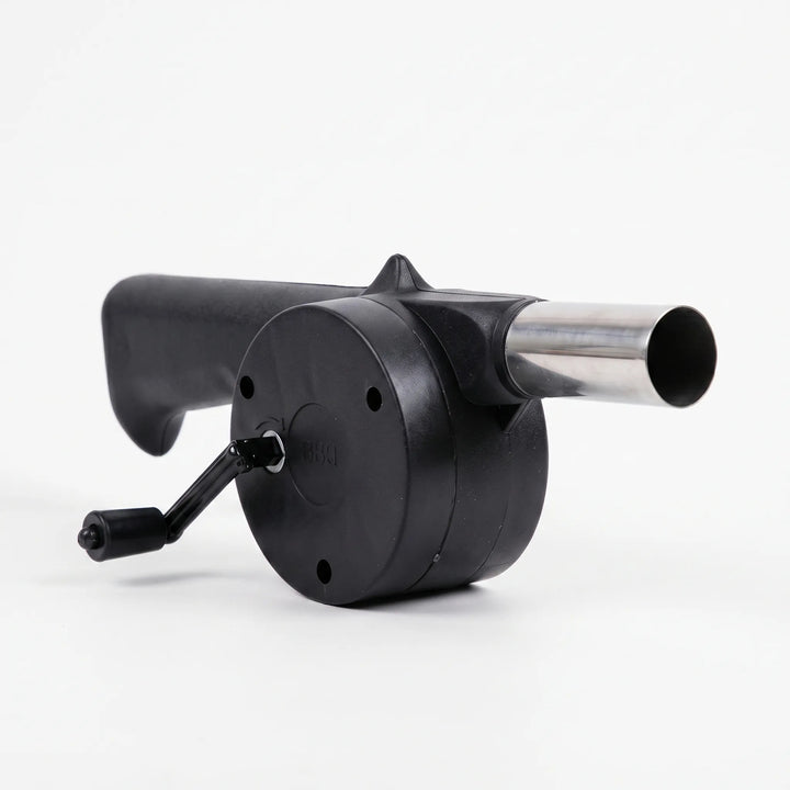 Outdoor manual BBQ fan, hand crank grill blower, charcoal starter for camping, picnics & garden barbecues.