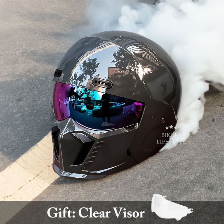 Modular matte black motorcycle helmet with open face option. Offers versatile full face protection when closed.