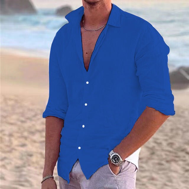 Stylish men's button-down, airy and long sleeve, great for warm weather layering.