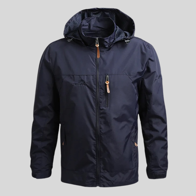 Essential men's rain jacket for hiking. Lightweight, warm, and highly weather-resistant.